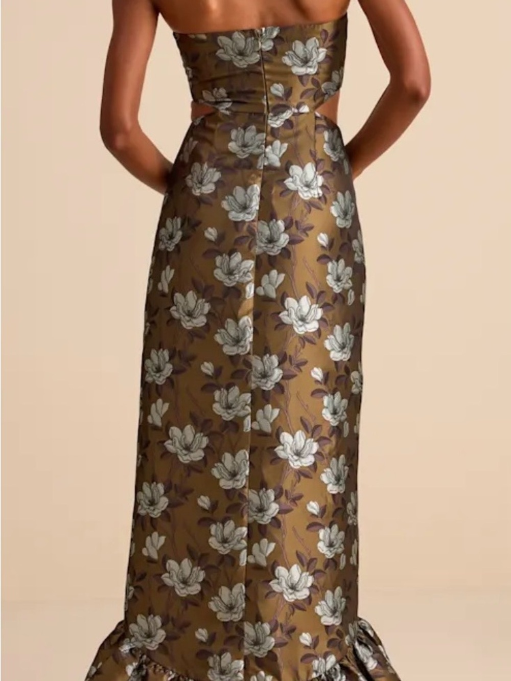 Lulu's Olive Gold Floral Strapless Maxi Dress - Picture 3 of 6